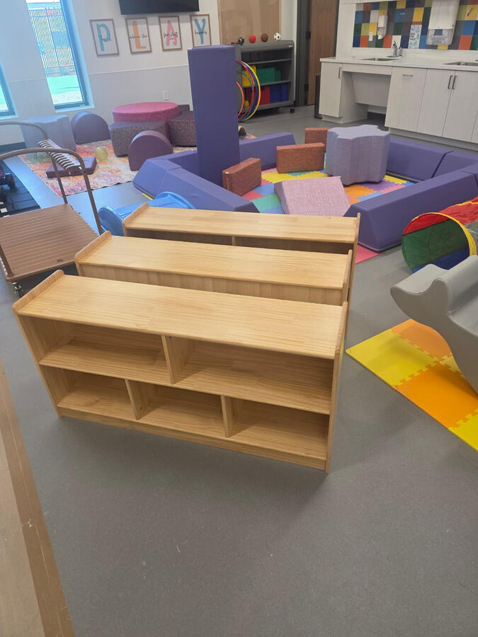 Shelving assembled and placed